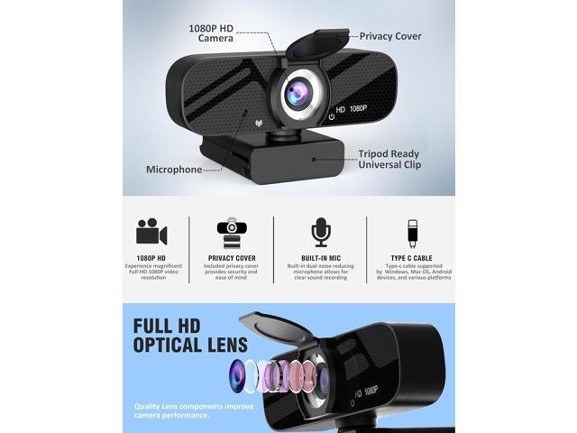 USB HD Webcam with Built-in Microphone and Rotatable Tripod, 1080P Video, Wide Angle Camera, Privacy Cover, for Desktop PC or Laptop ComputerBlack