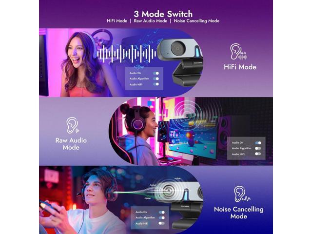 ROCWARE RC28 Webcam with Cardioid & Omnidirectional Microphone HiFi Mode for Studio-Quality Audio, AI Noise Cancellation & Raw Audio Modes ...