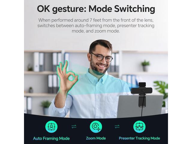 4K AI Webcam for PC, AI Presenter Tracking Webcam with Microphone, Gesture Control, PC Webcam with Zoom, Adjustable FOV, Privacy Cover Camera, PC...