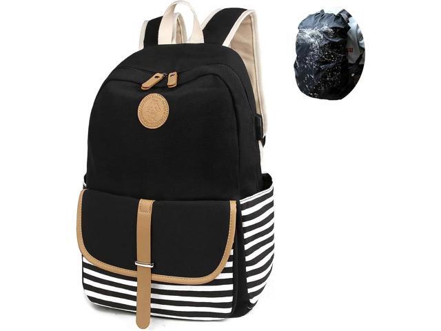 SCIONE Backpacks for Women Teen Girls, Big Kid Large Capacity Book Bag with USB Charger Port,Cute Canvas Bookpack -Durable Black Stripe...