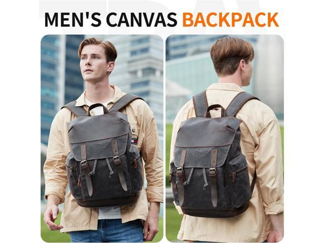 Nerlion Leather Backpack for Men Waxed Canvas Laptop Backpack 17.3 Inch Rucksack Vintage Travel Backpack (Black)