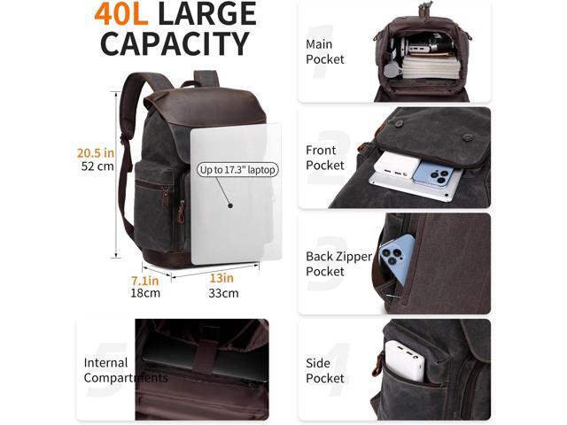 Nerlion Leather Backpack for Men Waxed Canvas Laptop Backpack 17.3 Inch Rucksack Vintage Travel Backpack (Black)