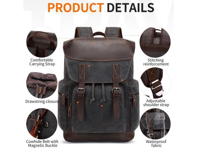 Nerlion Leather Backpack for Men Waxed Canvas Laptop Backpack 17.3 Inch Rucksack Vintage Travel Backpack (Black)