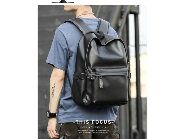 Pu Leather Laptop Backack For Men Women Classic Water-Resistant Purse Airplane Travel Backpacks Work Business Bag Black