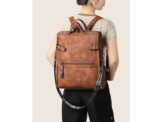 FADEON Leather Laptop Backpack for Women, Designer Ladies Work Travel Computer Backpack with Laptop Compartment Purse Brown