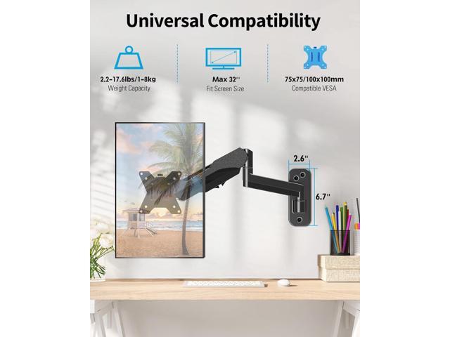MOUNTUP Single Monitor Wall Mount for Max 32 Inch Computer Screen, Fully Adjustable Gas Spring Monitor Arm, Wall Mounted Monitor Holder Support...
