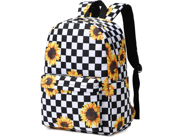 School Backpack for Girls Women, Teens School Bags Bookbags Ladies Laptop Backpacks (Checkered Sunflower)