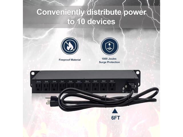 10-Outlet 1U Horizontal PDU Rack Mount Power Strip - Overload Protector,100-240V/15A/1800 Joules,for Network Servers,Power Conditioner with 10...