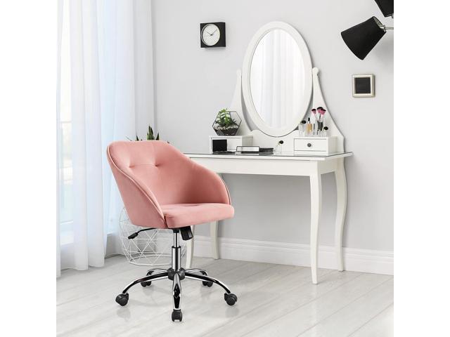 Yaheetech Pink Office Chair Small Cute Vanity Chair with Back Wheels Velvet Swivel Rolling Desk Computer Armchair for Bedroom Living Room