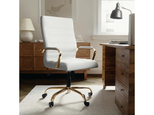 EMMA + OLIVER High Back White Faux Leather Executive Office Chair Gold Base, Height Adjustable, 360Â° Swivel, Padded Seat and Armrests