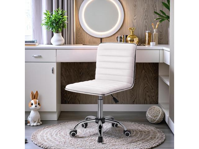 Furmax Mid Back Vanity Chair for Makeup Room, Low Back PU Leather Swivel Computer Desk, Task and Office Chair Retro with Armless Ribbed (White)