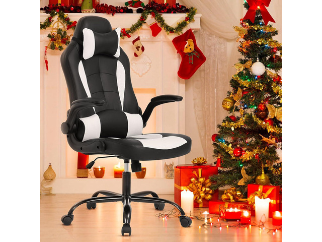 White Gaming Chair, Ergonomic High Back Executive Office Chair with Flip-Up Arms, Adjustable Height, PU Leather, 300 lbs Weight Capacity