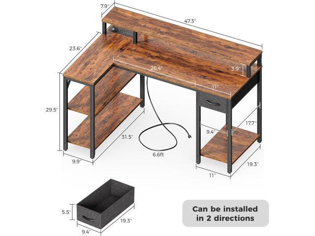 SUPERJARE 47 inch Reversible L Shaped Desk with LED Lights & Power Outlets, Computer Desk with Shelves & Monitor Stand, Gaming Desk with Drawer,...