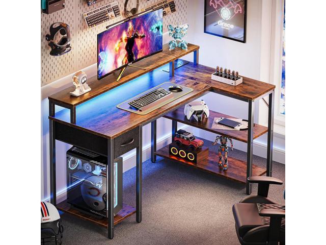SUPERJARE 47 inch Reversible L Shaped Desk with LED Lights & Power Outlets, Computer Desk with Shelves & Monitor Stand, Gaming Desk with Drawer,...
