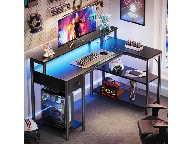 SUPERJARE Reversible L Shaped Gaming Desk with Drawer, LED Lights & Power Outlets, Corner Computer Desk with Shelves & Monitor Stand for Home,...