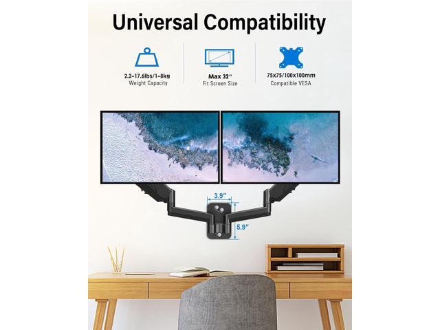 MOUNTUP Dual Monitor Wall Mount for 2 Max 32 Inch Computer Screen, Fully Adjustable Gas Spring Double Monitor Arm, Wall Mounted Monitor Holder...