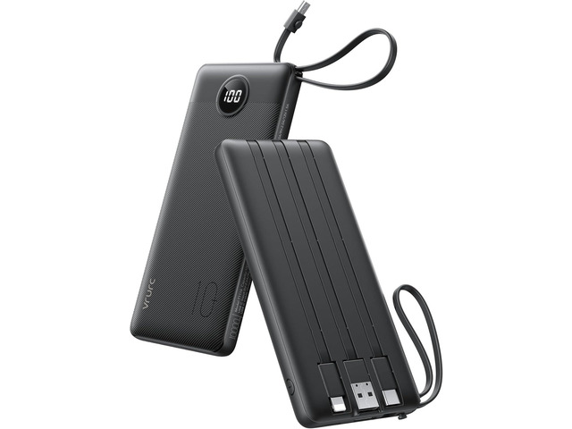 VRURC Portable Charger with Built in Cables, Slim Power Bank 10000mAh, USB C Travel Battery Pack, 5 Output 2 Input External Charging Bank for...