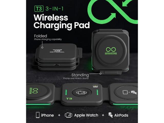InfinaCore T3 Tri-Charge Wireless Charging Pad - 3-in-1 Charging Station Compatible with iPhone, AirPods & Watch - Fast Charging Up to 25W -...