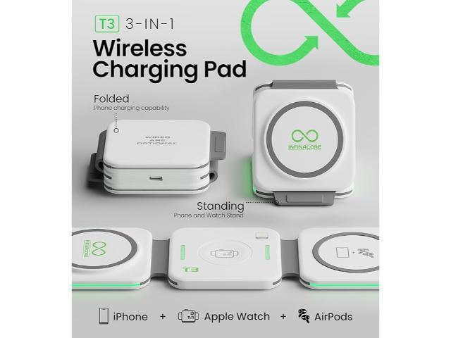 InfinaCore T3 Tri-Charge Wireless Charging Pad - 3-in-1 Charging Station Compatible with iPhone, AirPods & Watch - Fast Charging Up to 25W -...