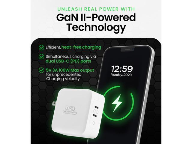 InfinaCore PowerPlug+ Advanced Wall Adapter - Rapid-Charging GaN II Technology, Dual USB-C Ports, 100W Max Output - Compact Design and Universal...