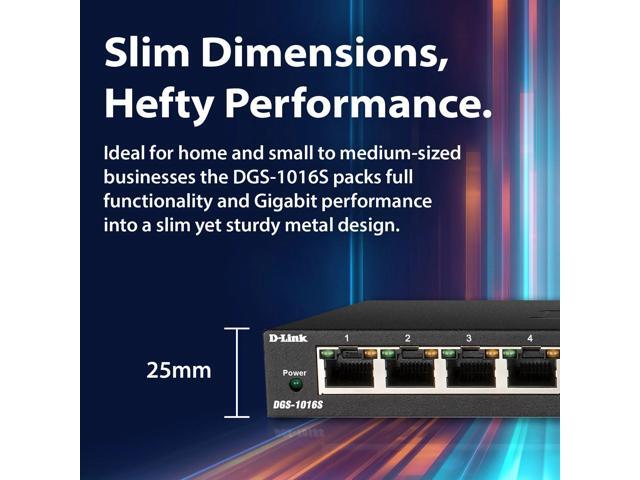 D-Link 16-Port Gigabit Unmanaged/Plug and Play Switch Fanless Slim Metal Compact Desktop - (DGS-1016S)
