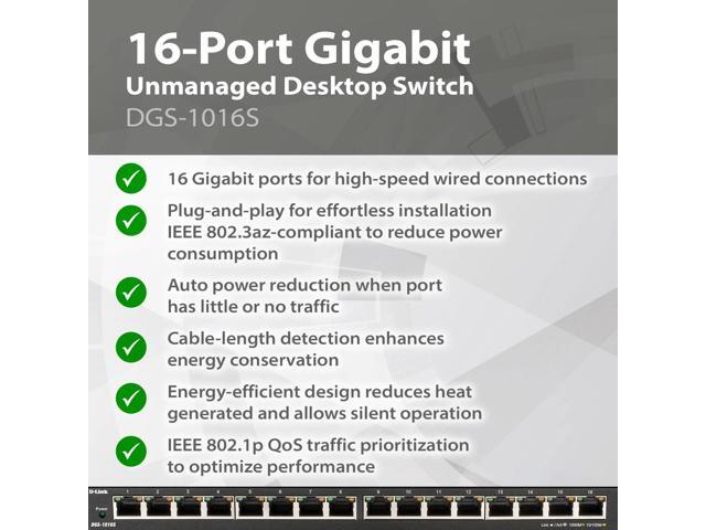 D-Link 16-Port Gigabit Unmanaged/Plug and Play Switch Fanless Slim Metal Compact Desktop - (DGS-1016S)