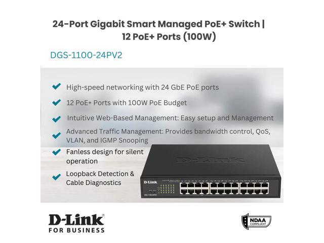 D-Link 24-Port Gigabit Smart Managed PoE+ Switch 12 PoE+ Ports (100W) NDAA Compliant Lifetime Warranty - (DGS-1100-24PV2)