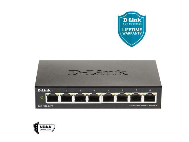 D-Link 8-Port Gigabit Smart Managed Switch Web Managed Cable Diagnostics Fanless Compact Metal Desktop NDAA Compliant - (DGS-1100-08V2)