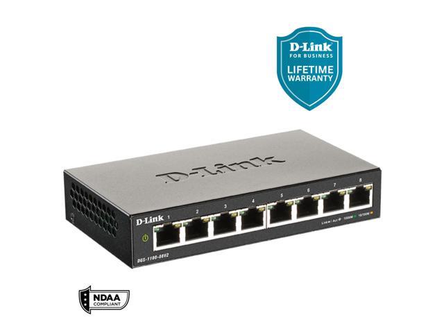 D-Link 8-Port Gigabit Smart Managed Switch Web Managed Cable Diagnostics Fanless Compact Metal Desktop NDAA Compliant - (DGS-1100-08V2)