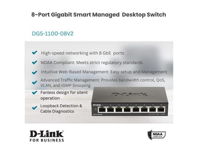 D-Link 8-Port Gigabit Smart Managed Switch Web Managed Cable Diagnostics Fanless Compact Metal Desktop NDAA Compliant - (DGS-1100-08V2)