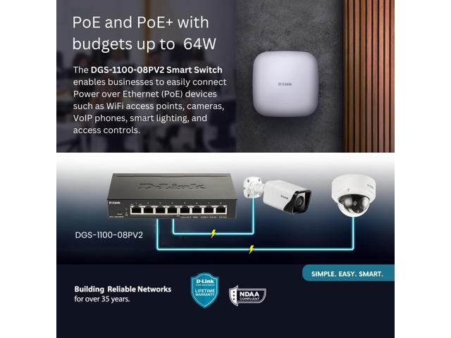 D-Link 8-Port Gigabit Smart Managed PoE+ Switch 8 PoE+ Ports (64W) Compact Metal Desktop NDAA Compliant - (DGS-1100-08PV2)
