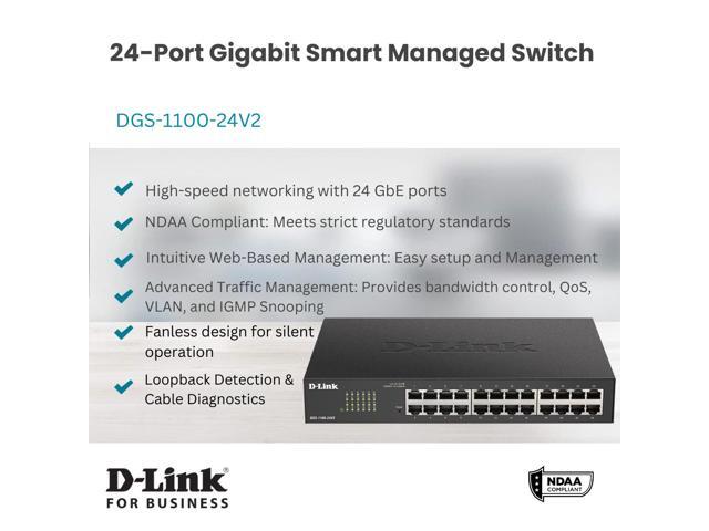 D-Link 24-Port Gigabit Smart Managed Switch Web Managed Cable Diagnostics NDAA Compliant - (DGS-1100-24V2)