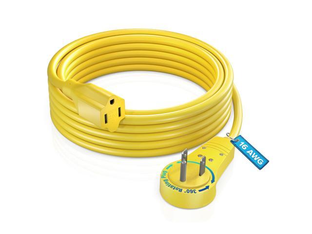 Maximm Cable 10 Feet 360° Rotating Flat Plug Extension Cord/Wire, 3 Prong Grounded Wire 16 Awg Power Cord - Yellow - UL Certified