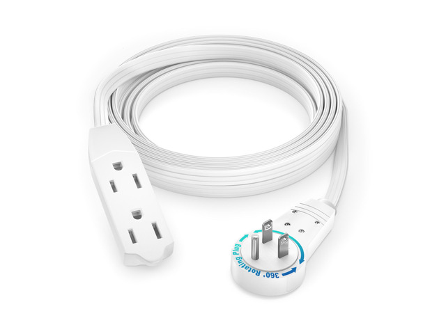 Maximm Cable 8 Ft 360° Rotating Flat Plug Extension Cord/Wire, 16 AWG Multi 3 Outlet Extension Wire, 3 Prong Grounded Wire - White - UL Certified