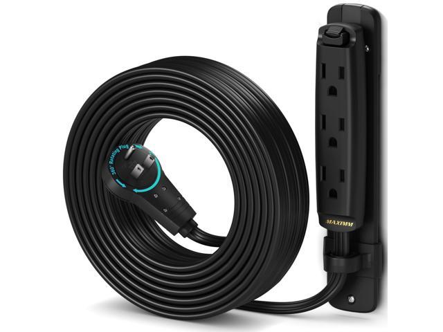 Maximm 360 Degree Rotating Flat Extension Cord 25 Ft Multi 3 Outlet Power Cord with Mounting Bracket, Grounded 16 AWG UL Certified, Black