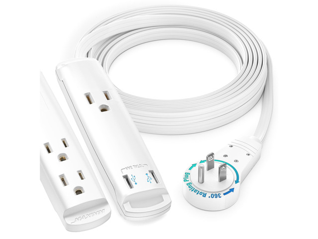 Maximm Extension Cord with USB Ports 10FT, 360° Rotating Flat Plug Extension Cord, 3-Outlet with USB Ports (2 Ports), 3 Prong Extension Cord,...