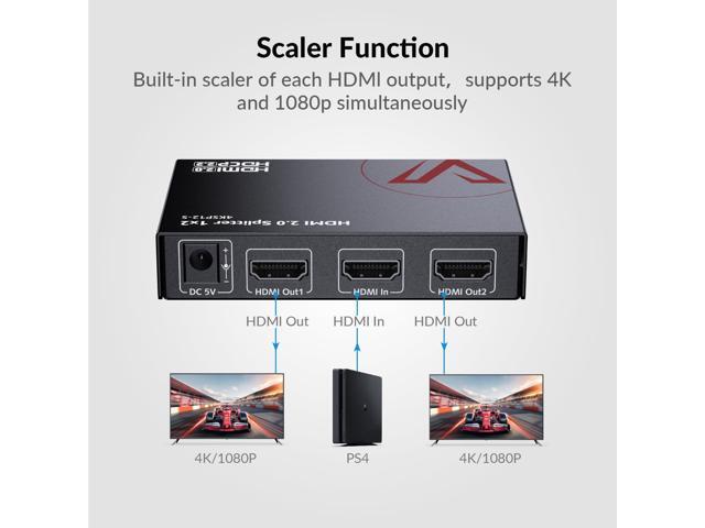 4K@60Hz/1080p@120Hz HDMI 2.0 Splitter 1 in 2 Out, Auto Downscaler with HDR10 &3D, 18Gbps Zero Latency, AV Access Gaming Splitter, Duplicate/Mirror...