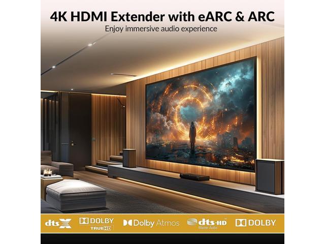 4K HDMI Extender with eARC & ARC, HDBaseT 3.0 Extender w/ 2-Way IR, CEC & PoC, Ideal for Home Theater, HDR Dolby Vision up to130ft/40m