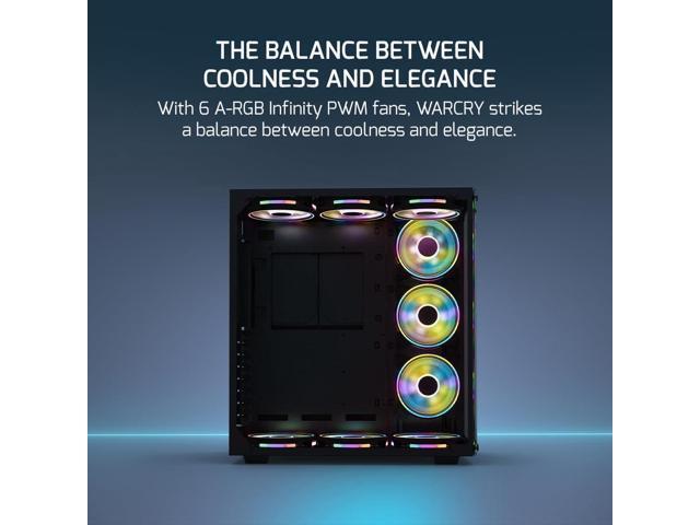 GamePower Warcry ATX Mid-Tower Gaming PC Case with Tempered Glass - Aquarium Style, Includes 6xARGB Fans with HUB, Black