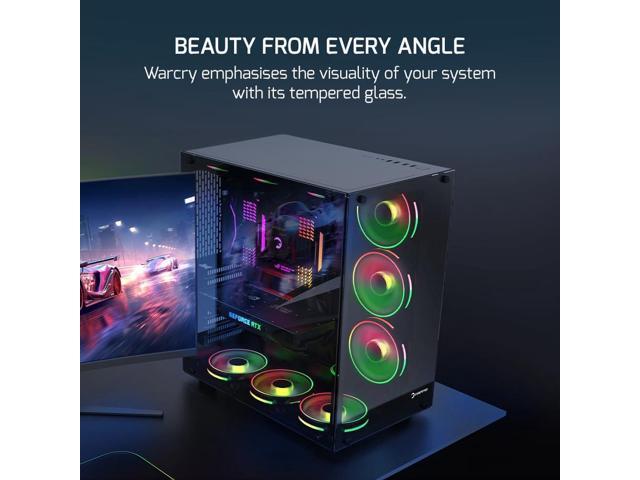 GamePower Warcry ATX Mid-Tower Gaming PC Case with Tempered Glass - Aquarium Style, Includes 6xARGB Fans with HUB, Black