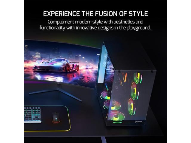GamePower Warcry ATX Mid-Tower Gaming PC Case with Tempered Glass - Aquarium Style, Includes 6xARGB Fans with HUB, Black
