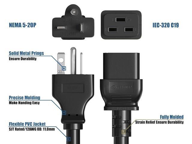 CableLeader 10ft 12AWG NEMA 5-20P to C19 Heavy Duty Power Cord, 20A/125V, Power Supply Cable, Industrial Cable for Data Center & Server Room, UL...