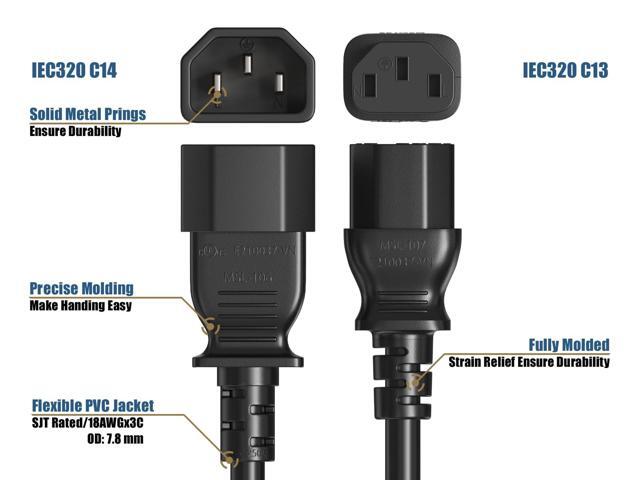 CableLeader 10ft IEC-320 C13 to C14 Heavy-Duty Power Extension Cord 18 AWG 10A/250V SJT, Computer to PDU CPU Power Extension Cable, PC Power Cable,...