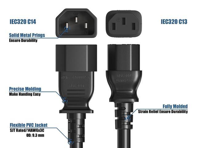 CableLeader 8ft IEC-320 C13 to C14 Heavy-Duty Power Extension Cord 14 AWG 15A/250V SJT, Black