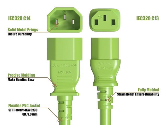 Cable Leader 14 AWG 6 ft Extension Power Cable IEC320 C13 to IEC320 C14, 15 Amp, 250 Volt Green Computer, PDU, UPS, Power extension Power Cord