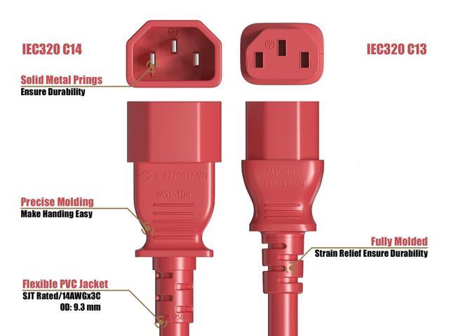 Cable Leader 14 AWG 6 ft Extension Power Cable IEC320 C13 to IEC320 C14, 15 Amp, 250 Volt, Computer, PDU, UPS, Red Power extension Power Cord