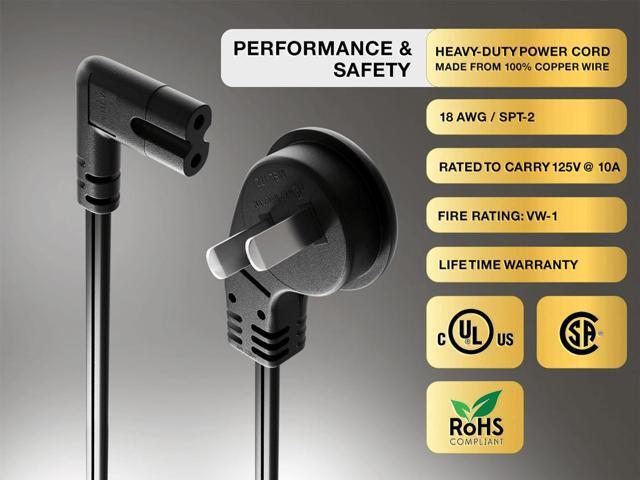 Cable Leader 10ft Ultra Low Profile NEMA 1-15P Angled to C7 Right-Angled Non-Polarized Power Cord 18AWG SPT-2 7A/125V, Black