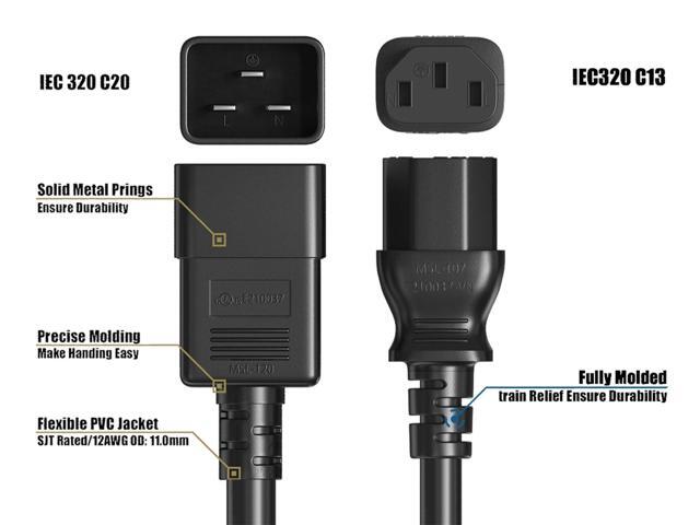 CableLeader 6ft IEC320 C20 to C13 Power Cord, 14AWG, 15A/250V, SJT, Power Extension Cord for PDUs, UPS Systems, Servers, Computer, Monitor & More,...