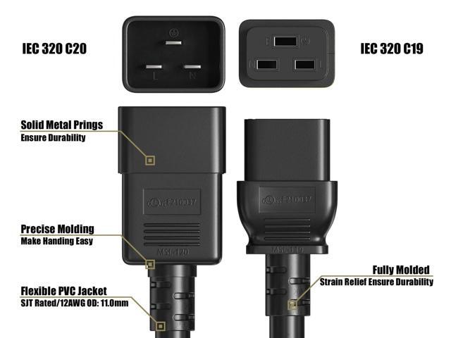 CableLeader 10ft 12 AWG Heavy Duty Power Cord IEC320 C20 to IEC320 C19, 20A 250V, Extension Cable for PDUs, UPS Systems & Servers, Black