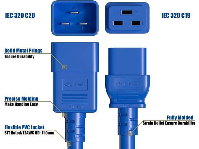 CableLeader 3ft 12 AWG Heavy Duty Power Cord IEC320 C20 to IEC320 C19, 20A 250V, Extension Cable for PDUs, UPS Systems & Servers, Blue